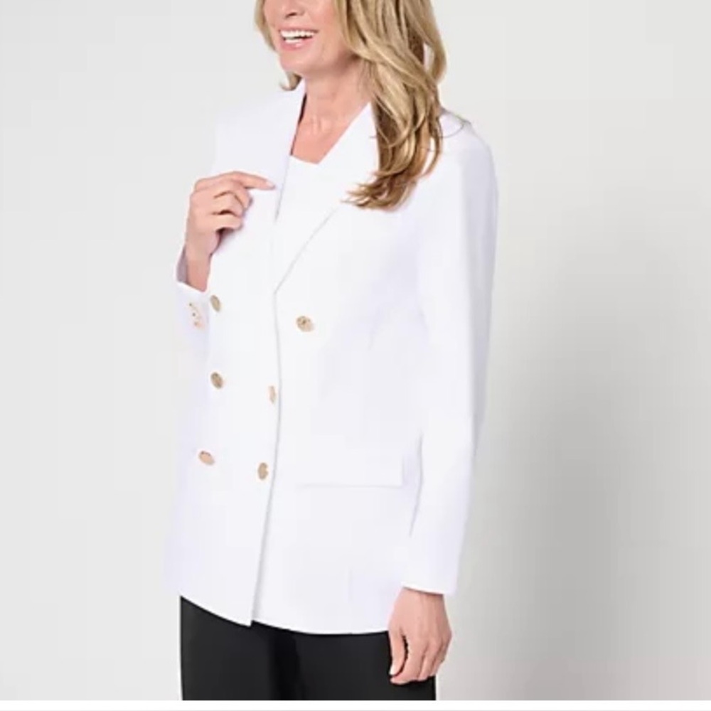 Dennis Basso Regular Double Breasted Blazer Button Detail Pockets White X-Small